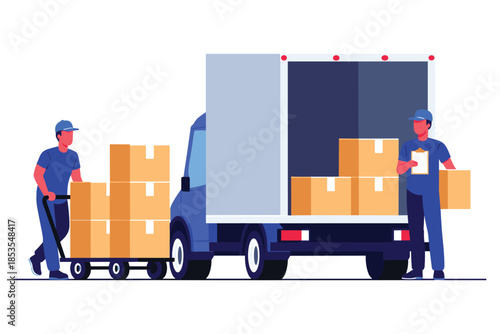 Illustration of delivery service with two workers loading cardboard boxes into a blue truck. Concept of logistics, shipping, and cargo transport