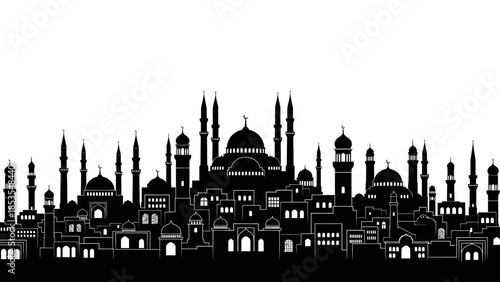 Detailed black and white silhouette of a traditional middle eastern cityscape