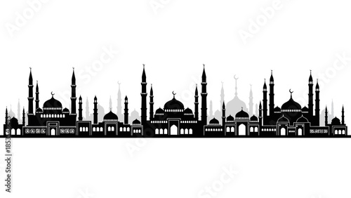 Silhouette of a majestic mosque skyline against a plain white background