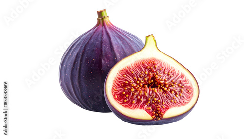 A whole, ripe fig and a fig sliced open, showcasing the vibrant inner flesh