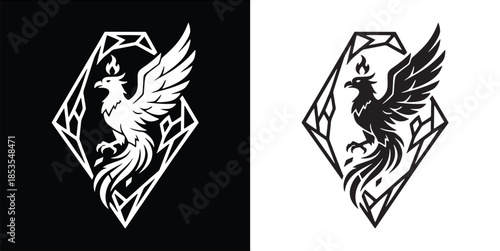 Phoenix Bird Rising from Crystal Diamond Frame Logo