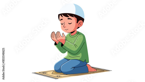 A young muslim boy is kneeling in prayer on a prayer rug