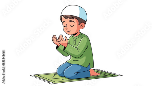 A young muslim boy peacefully praying with hands clasped in supplication