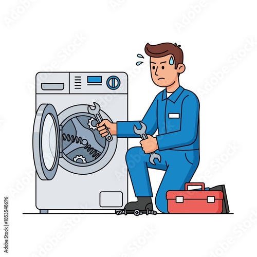 A frustrated repairman working on a broken washing machine with tools