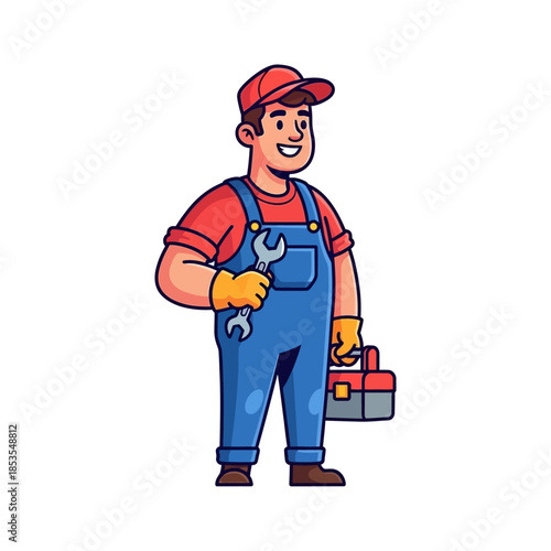 A smiling handyman in overalls carries tools and a toolbox