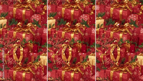 Classic Red and Gold Christmas Gift Boxes Seamless Triptych Background