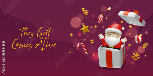 3D illustration of cute Santa Claus popping out of a gift box. Christmas background with floating ornaments and candy canes. Holiday banner with copy space for text