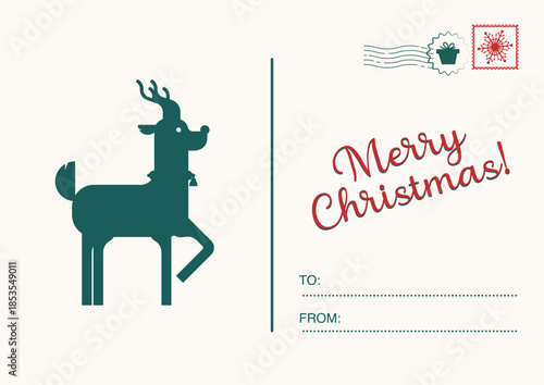 Retro Christmas postcard with a decorated evergreen tree and "Merry Christmas" text