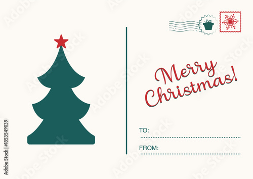 Retro Christmas postcard with a decorated evergreen tree and "Merry Christmas" text