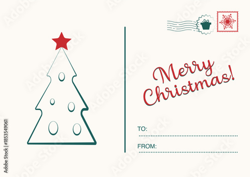 Retro Christmas postcard with a decorated evergreen tree and "Merry Christmas" text