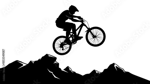 Silhouette of a mountain biker performing a jump against a white background
