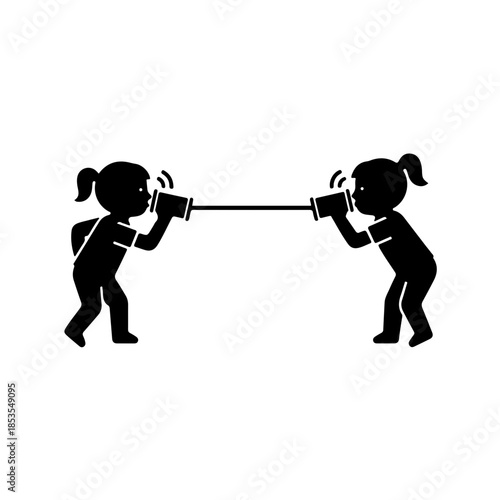 icon featuring two child silhouettes connected by a tin can telephone. This symbol represents the right to be heard, effective communication, friendship, and the vital connection between children