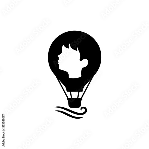 icon featuring a hot air balloon where the envelope is shaped like a child's head silhouette. represents freedom of thought, the right to expression, and the limitless exploration of a childs mind