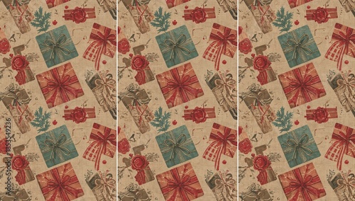 Classic Red and Gold Christmas Gift Boxes Seamless Triptych Background