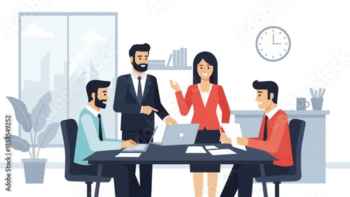 Business team collaborating around a conference table during a successful indoor office meeting discussion