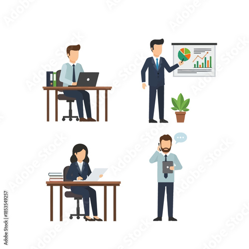 Business team illustration with professionals working on laptops presenting charts and making calls in office