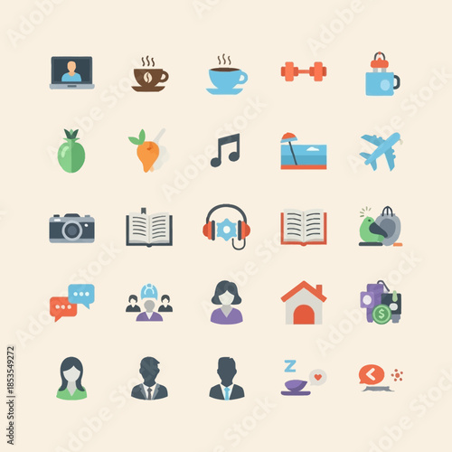 Collection of lifestyle, business, and hobby flat icons representing daily activities and personal interests