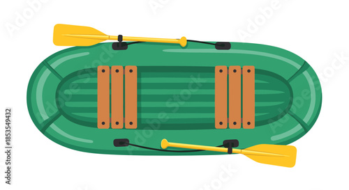 Top-down view of a green inflatable rubber boat with two wooden seats and a pair of yellow paddles, isolated on a white background.