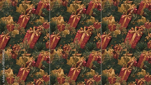 Classic Red and Gold Christmas Gift Boxes Seamless Triptych Background