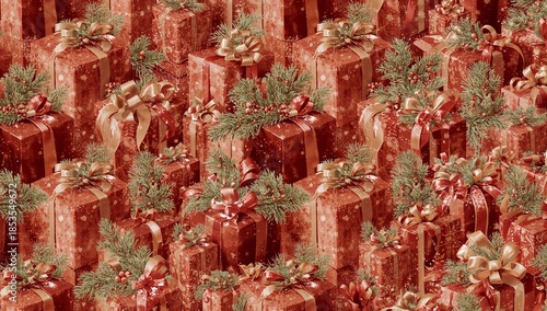 Classic Red and Gold Christmas Gift Boxes Seamless Triptych Background