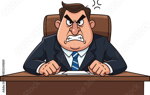 Angry businessman cartoon illustration showing rage frustration at office desk, stressed boss character, emotional workplace concept isolated on white background