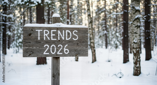 Rustic wooden sign in snowy winter forest reading 