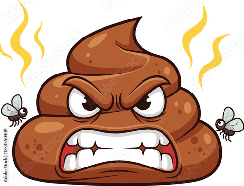 Angry poop emoji illustration with flies and smell lines, funny gross cartoon emoticon, comic expression, humorous vector icon design concept