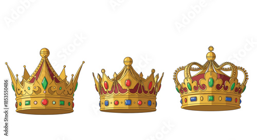 Set of three ornate golden royal crowns decorated with red velvet and various colorful precious gemstones like emeralds and rubies.