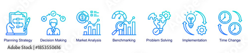 Strategy and decision-making web banner icon vector illustration for business management with planning strategy, benchmarking, problem solving, implementation, and decision-making icons.