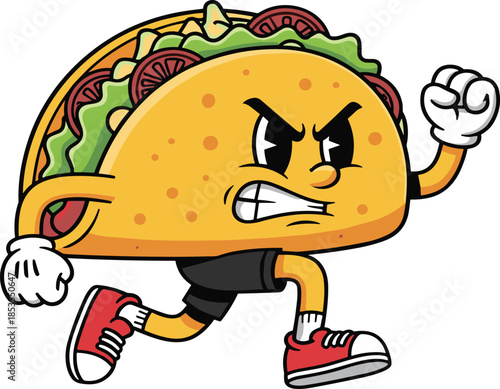 Angry taco cartoon character illustration, running Mexican food mascot with clenched fist sneakers isolated on white background vector design artwork