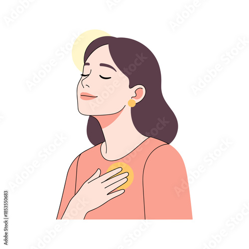 Woman with closed eyes and hand on chest feeling calm and content  