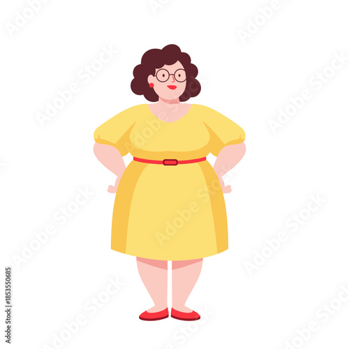 Plus-sized woman smiling in yellow dress with hands on hips  