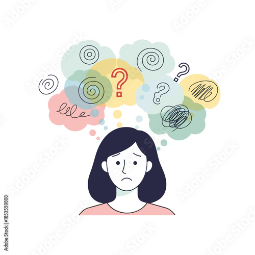 Woman looking confused with swirling thoughts and questions above her  