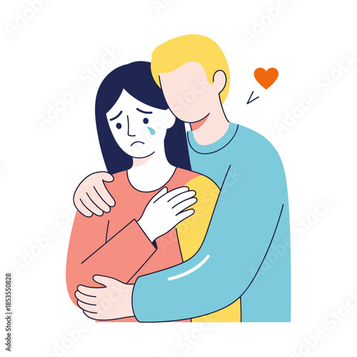 Couple comforting each other with sadness and love in illustration  