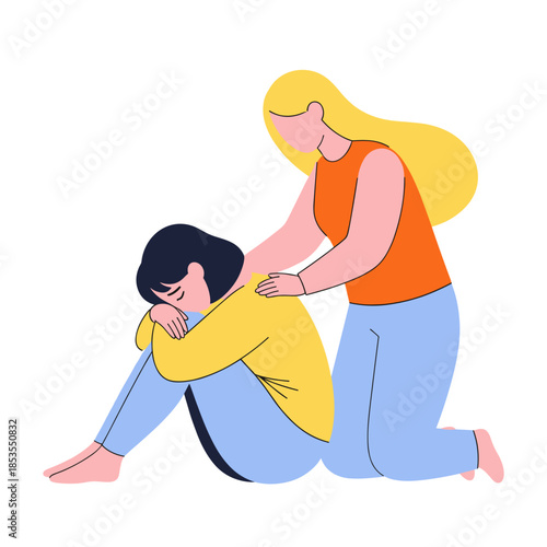Young woman comforting her friend who is sitting and sad  