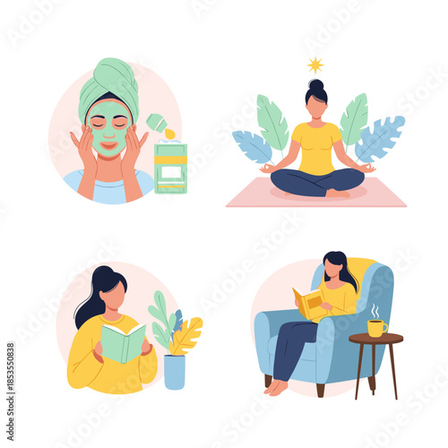 Young women practicing self-care activities at home with plants  