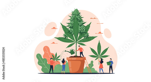 People cultivating and caring for a large cannabis plant growing in a pot, illustrating the process of growing medical marijuana.
