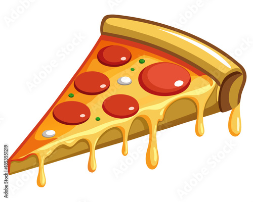 realistic luxury flat illustration of an Italian pizza slice, melted mozzarella cheese with subtle shine, pepperoni slices with natural texture, clean flat shading with realistic color depth
