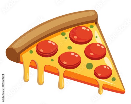 realistic luxury flat illustration of an Italian pizza slice, melted mozzarella cheese with subtle shine, pepperoni slices with natural texture, clean flat shading with realistic color depth