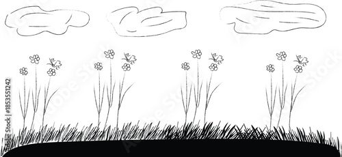Black and white illustration of rain or meteor showers over a grassy field