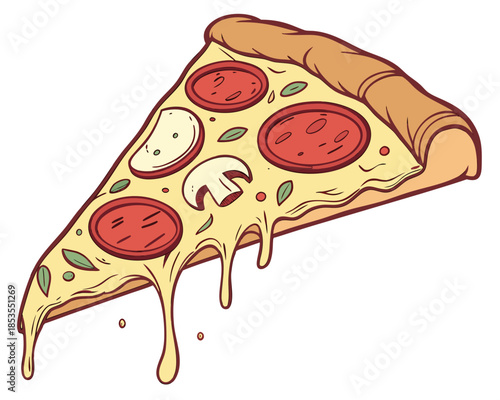 realistic luxury flat illustration of an Italian pizza slice, melted mozzarella cheese with subtle shine, pepperoni slices with natural texture, clean flat shading with realistic color depth