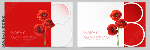 Minimal International Women’s Day Banner Set with Red Poppy Flowers, March 8 Floral Background Collection, Elegant Modern Feminine Greeting Card and Poster Templates with Copy Space