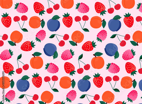 Playful seamless pattern with strawberries raspberries cherries peaches plums scattered on soft pink background bright cartoon fruit illustration perfect for kids textile wrapping paper kitchen decor 