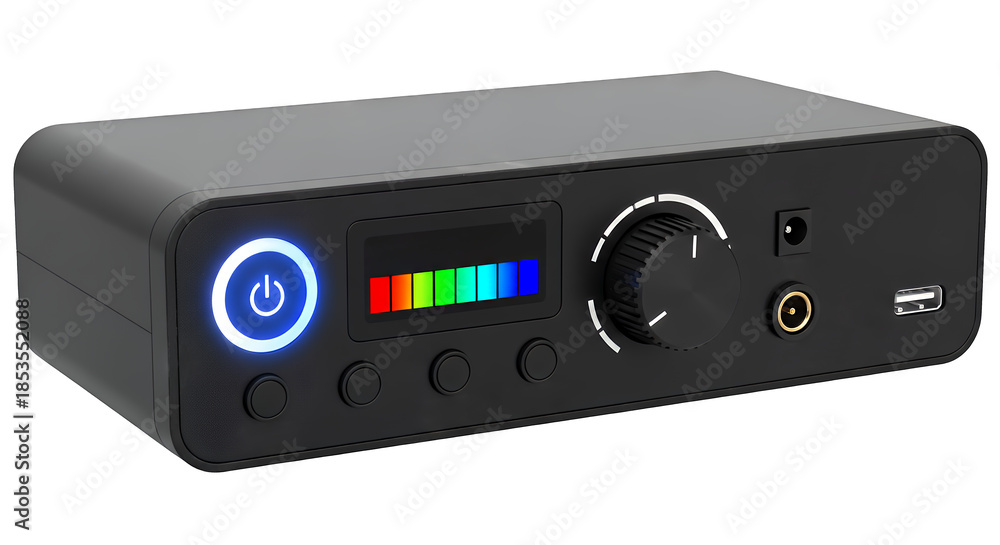 Obraz premium Professional audio interface device with illuminated power button and colorful display isolated on transparent background