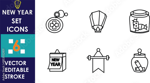Minimal line style New Year set icons featuring fireworks, lantern, calendar, clipboard, badge, jar, banner, editable vector symbols for celebrations and holidays worldwide festive