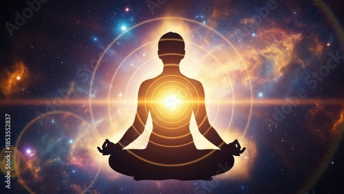 Cosmic Serenity: Silhouette in lotus position illuminated against astral backdrop representing