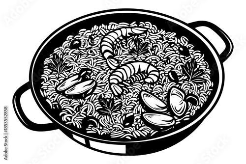 realistic luxury flat illustration of Spanish paella pan, saffron rice texture, shrimp and vegetables with refined color separation, minimal flat shadows maintaining realism