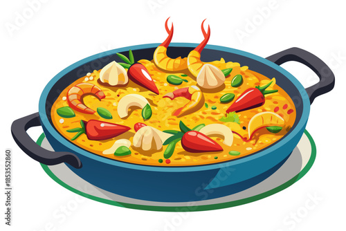 realistic luxury flat illustration of Spanish paella pan, saffron rice texture, shrimp and vegetables with refined color separation, minimal flat shadows maintaining realism