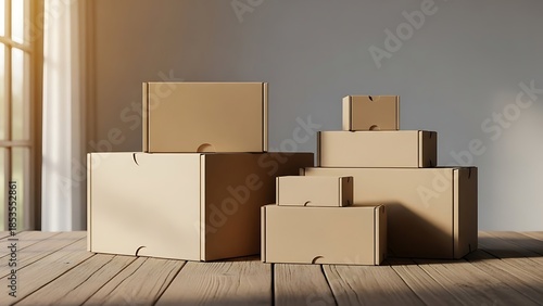 Stack of various sized cardboard boxes on a wooden floor illuminated by sunlight from a nearby window, ready for moving or shipping.