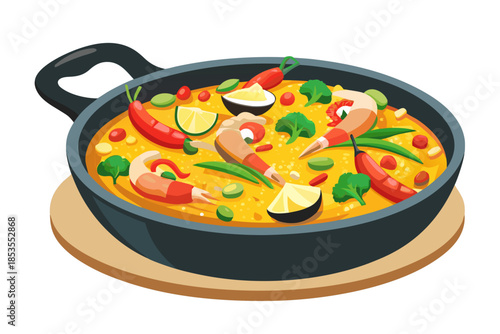 realistic luxury flat illustration of Spanish paella pan, saffron rice texture, shrimp and vegetables with refined color separation, minimal flat shadows maintaining realism